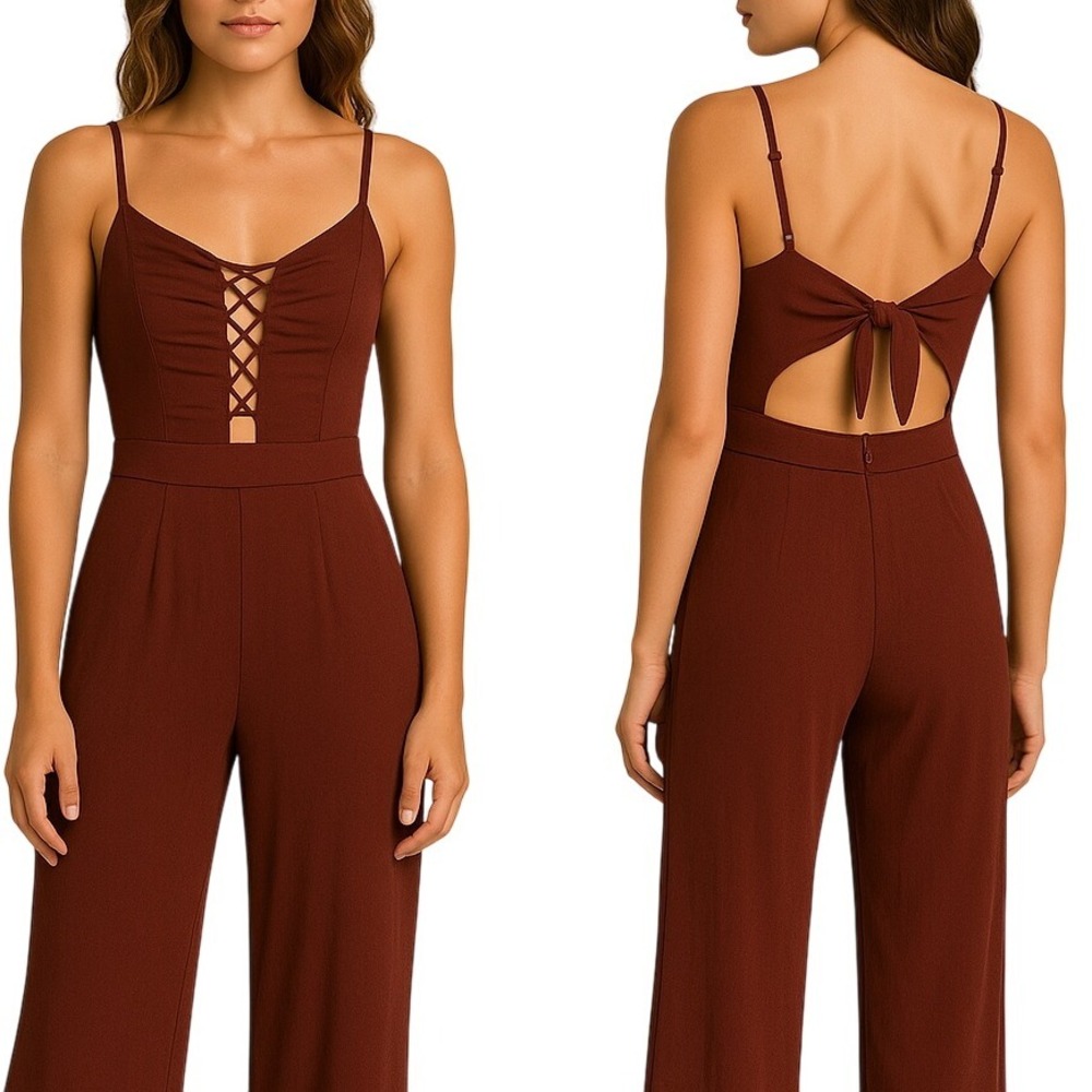 Sage Burgundy Lace-Up Open Back Wide‎ Leg Jumpsuit Size Small